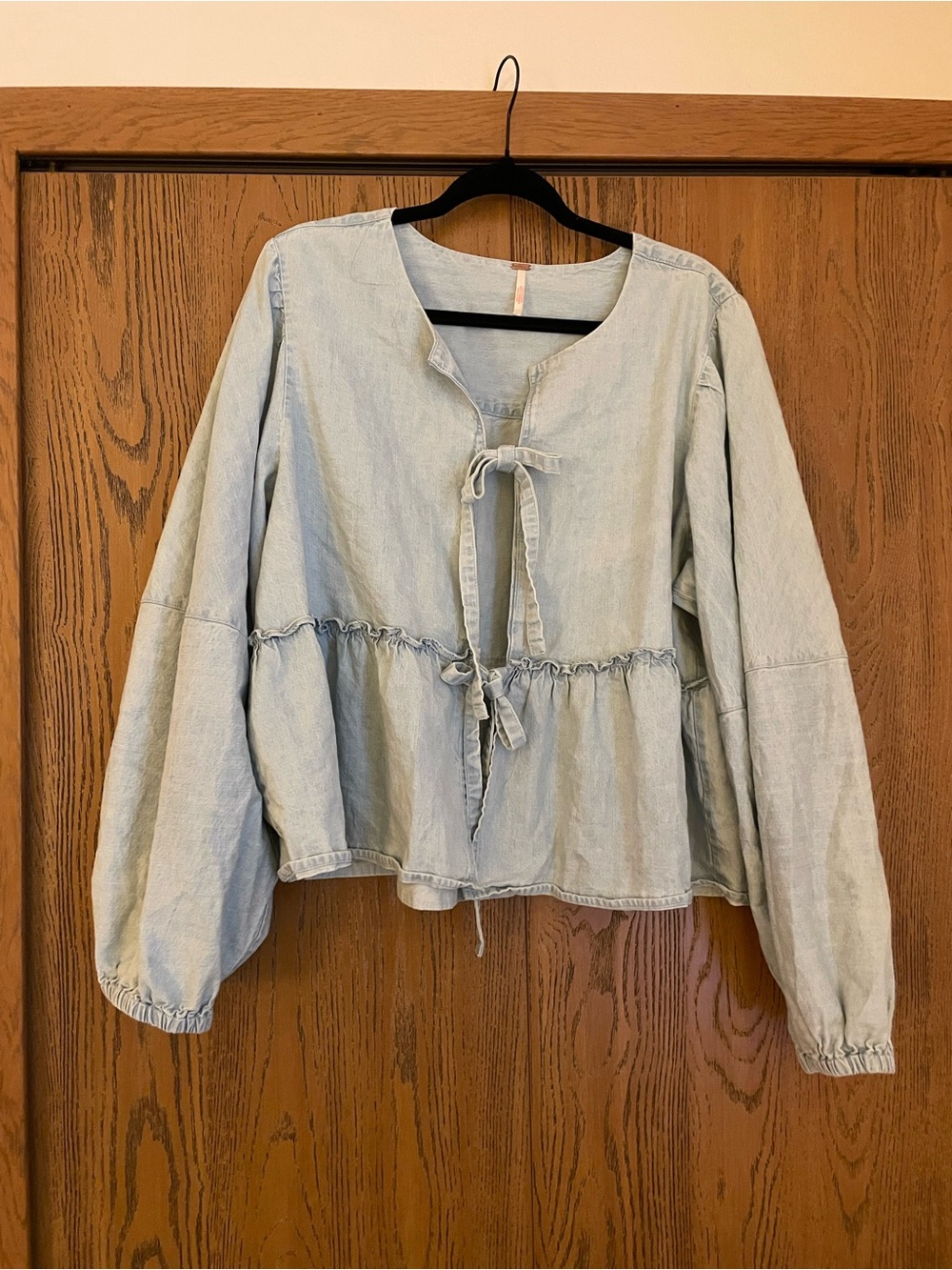 Free People Light Wash Tie-Front Peasant Blouse